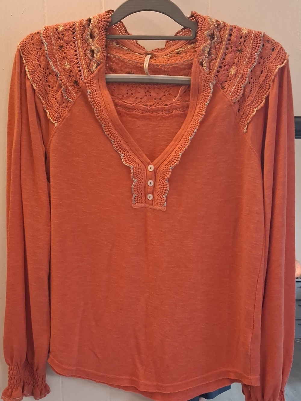 Free People Coral Orange Crochet Trim Western Fiesta Boho Long-Sleeve Top NWOT